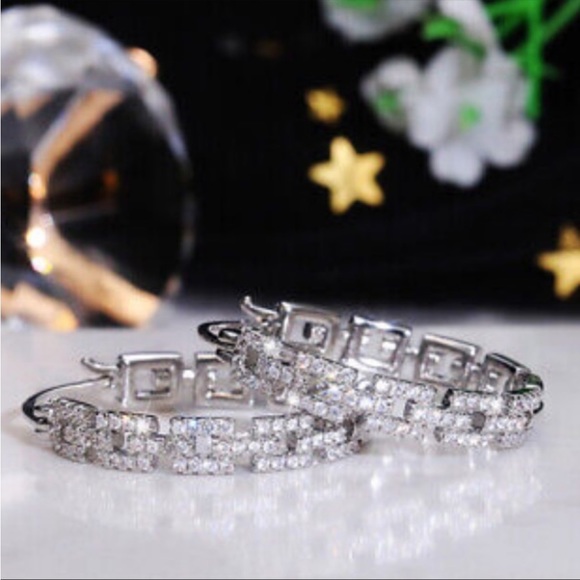 New Luxury Sterling silver diamond hoop earrings - Picture 3 of 6